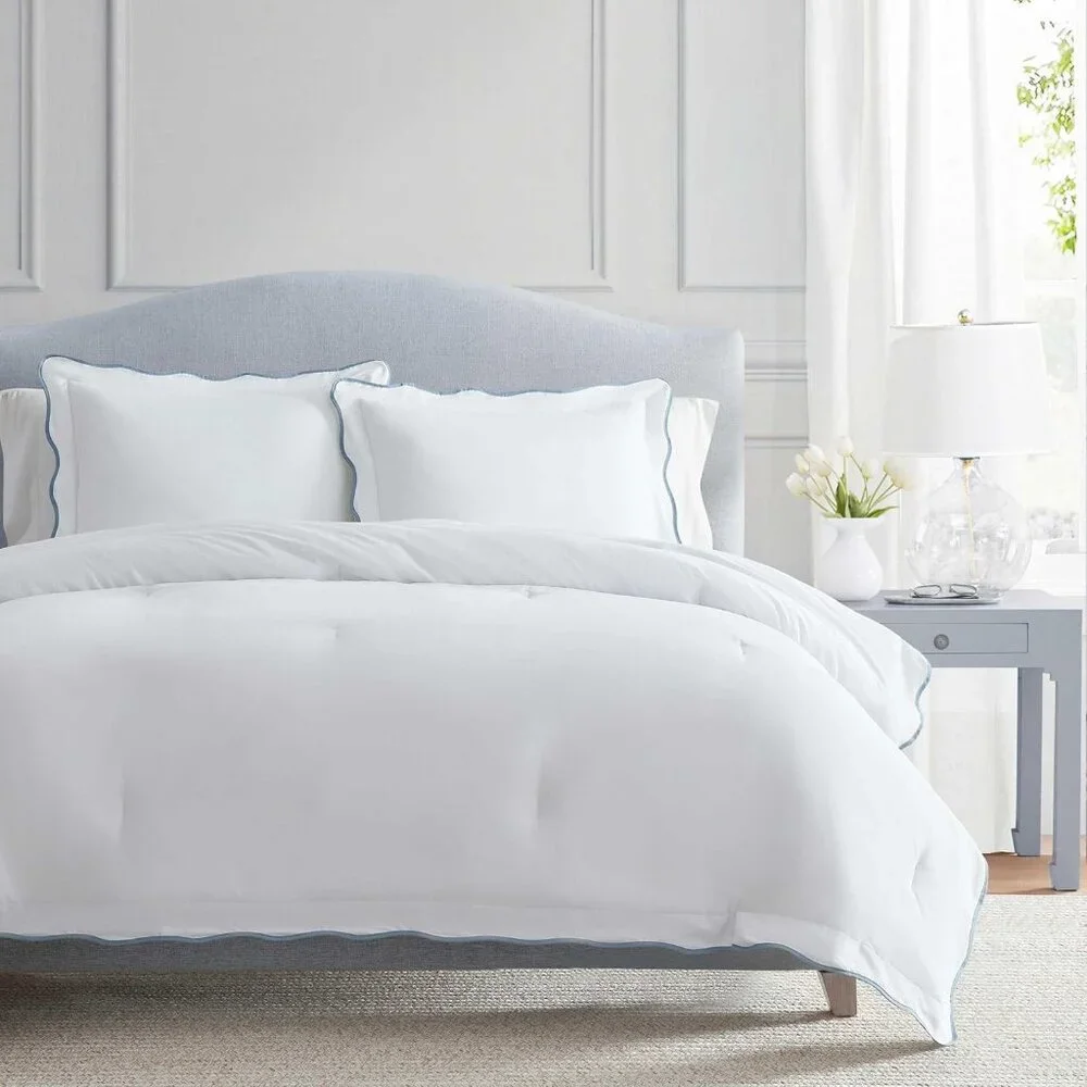 NEW Martha Stewart Cotton Percale 3 Piece King Comforter Set Blue Scallop